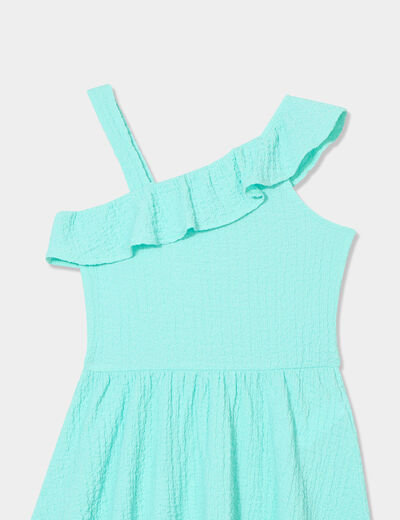 Robe courte col asymétrique à volants bleu turquoise fille