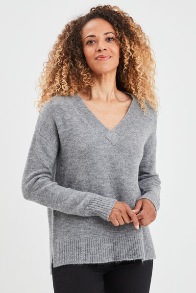 Pull col en V fentes aux côtés gris clair femme