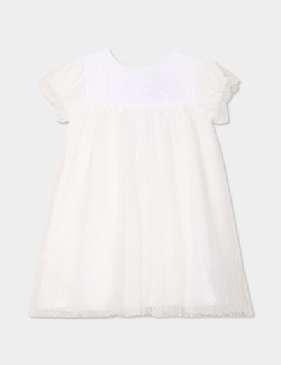 Robe tulle plumetis manches courtes blanc bébé fille
