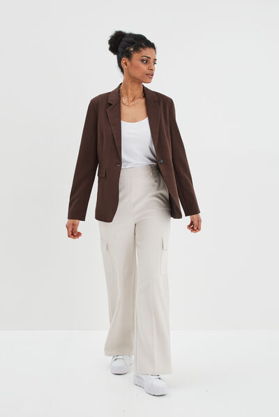 Veste droite boutonnée manches longues marron foncé femme