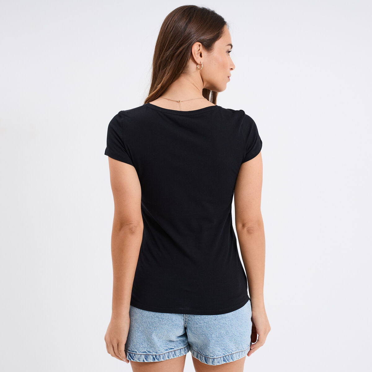T-shirt coton col rond manches courtes noir femme