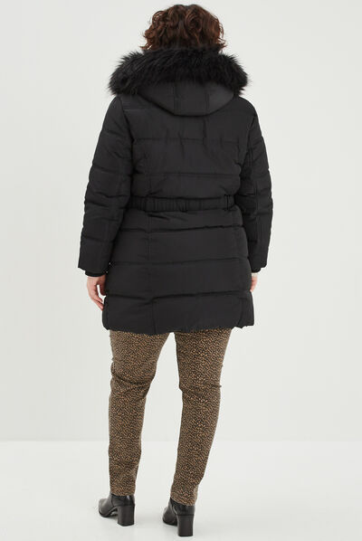 Doudoune cintrée ceinturée à capuche noir femme grande taille
