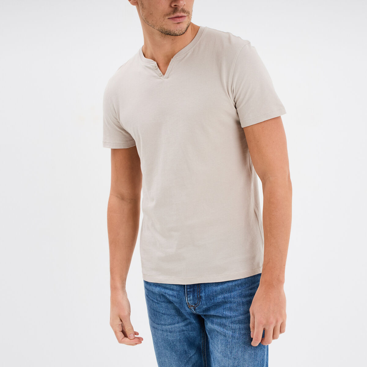 T-shirt manches courtes col tunisien gris clair homme