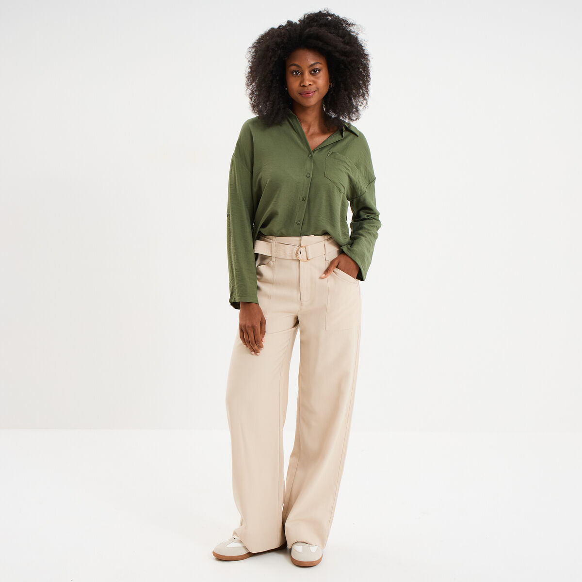 Chemise manches retroussables vert kaki femme