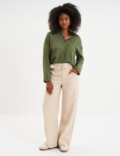 Chemise manches retroussables vert kaki femme