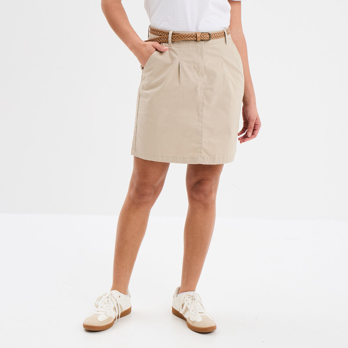 Jupe chino droite ceinture tressée beige femme