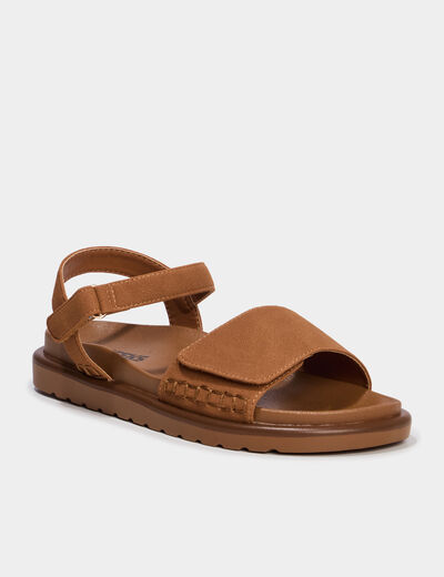 Sandales &agrave; scratchs effet su&eacute;dine marron femme
