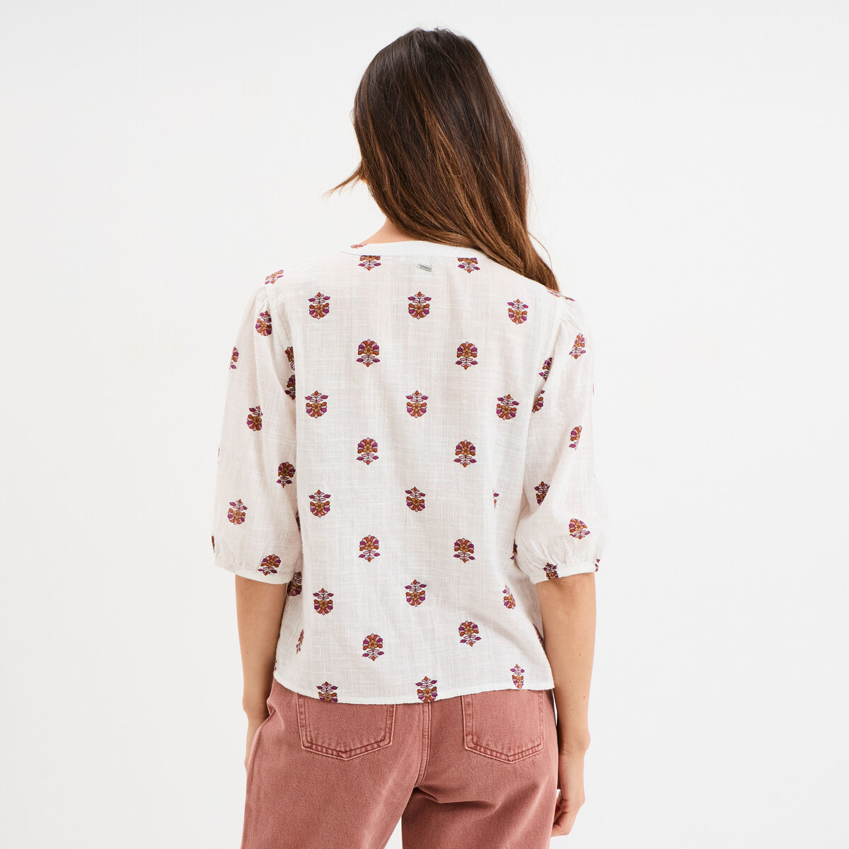 Blouse col tunisien manches 3/4 coton blanc femme