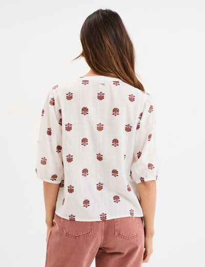 Blouse col tunisien manches 3/4 coton blanc femme