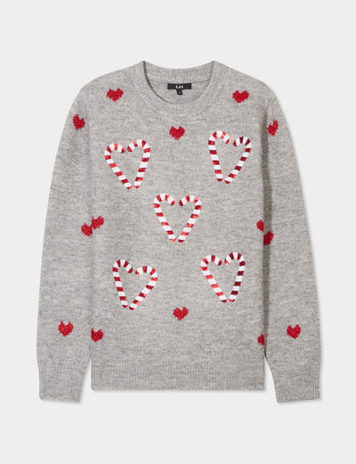 Pull No&euml;l avec sequins et col rond gris clair femme