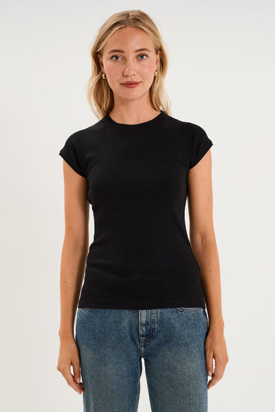 T-shirt ajust&eacute; col rond manches courtes noir femme
