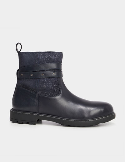 Bottines clous et paillettes en cuir bleu marine fille