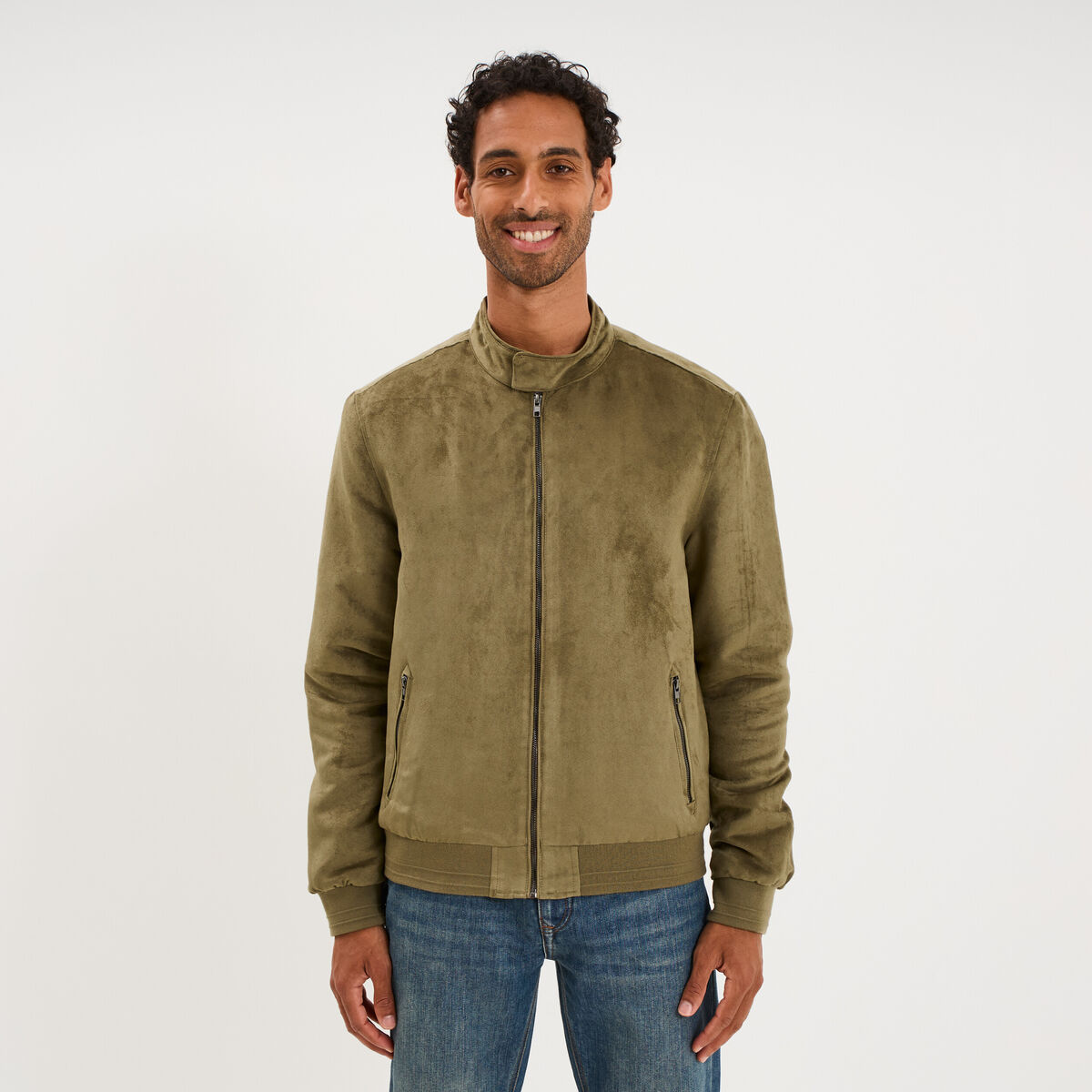 Blouson col biker en su&eacute;dine zipp&eacute; vert kaki homme