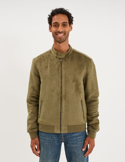 Blouson col biker en su&eacute;dine zipp&eacute; vert kaki homme