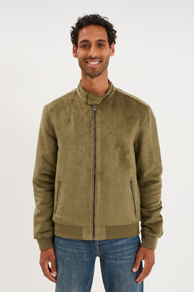 Blouson col biker en su&eacute;dine zipp&eacute; vert kaki homme