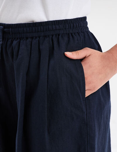 Short large lin mélangé à coulisse bleu foncé femme