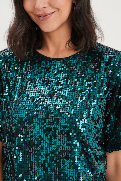 T-shirt à sequins manches courtes droit vert canard femme