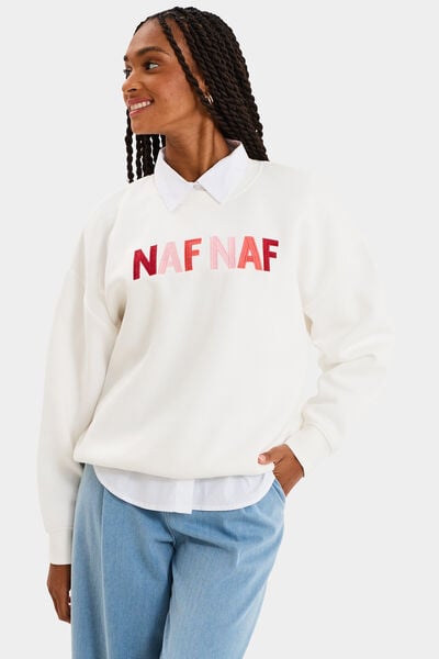 Sweat col rond logo oversize blanc femme