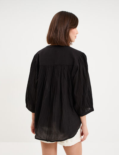 Blouse fluide oversize manches 3/4 coton noir femme