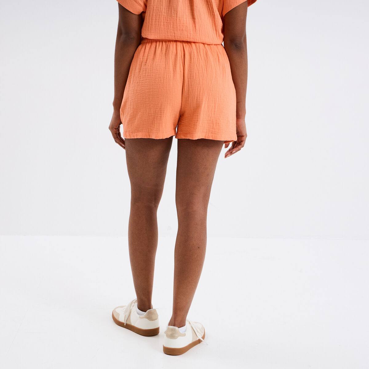 Short taille élastiquée gaze de coton orange corail femme