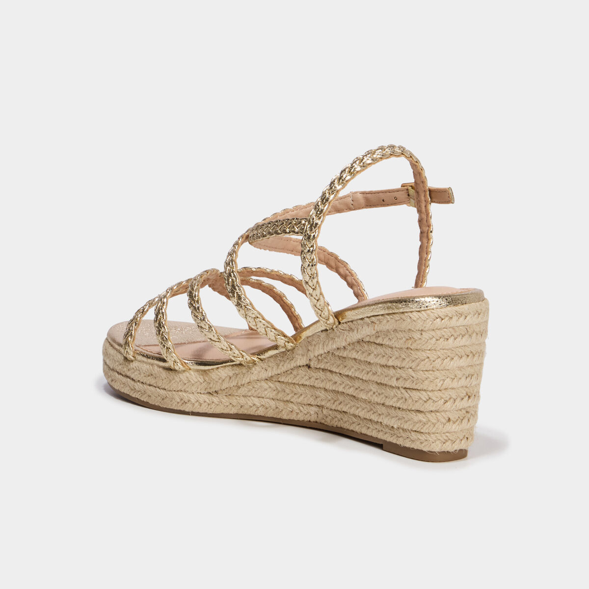 Sandales compens&eacute;es brides tress&eacute;es jaune or femme
