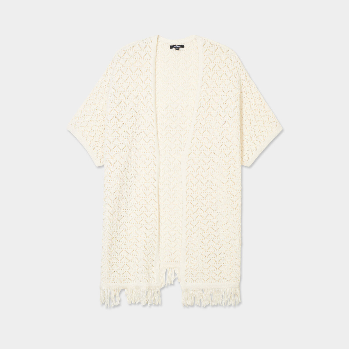 Gilet mi-long ajouré à franges blanc femme