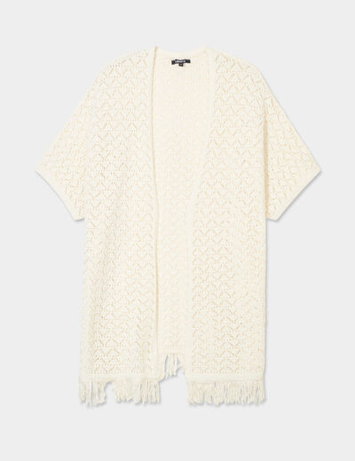 Gilet mi-long ajouré à franges blanc femme