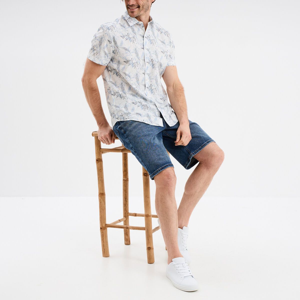 Chemise droite manches courtes coton ecru homme