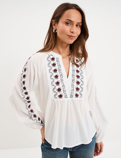 Blouse brod&eacute;e oversize coton blanc femme