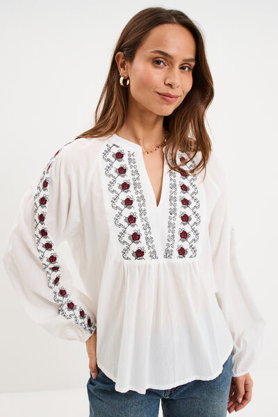Blouse brod&eacute;e oversize coton blanc femme