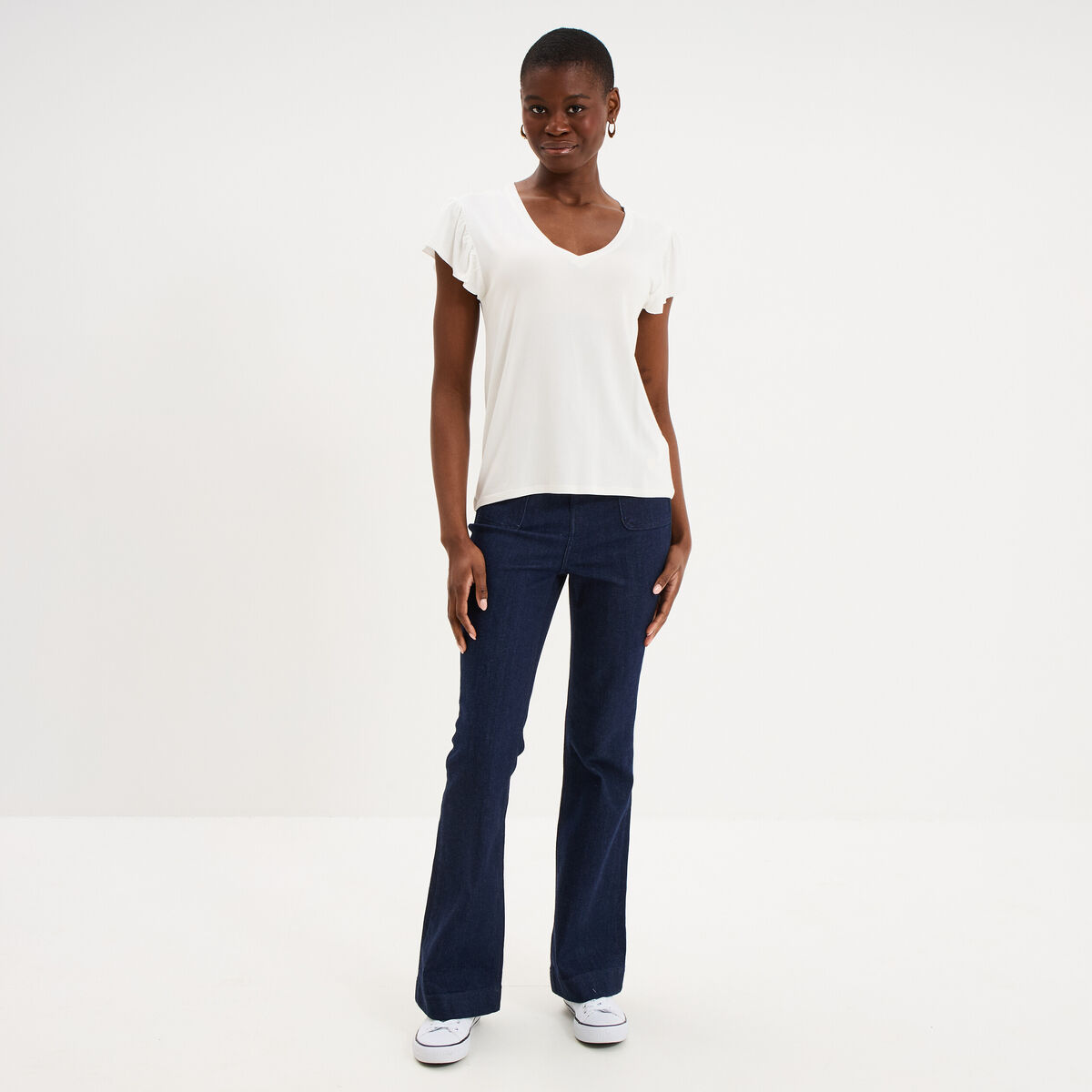 T-shirt droit manches courtes &agrave; volants blanc femme