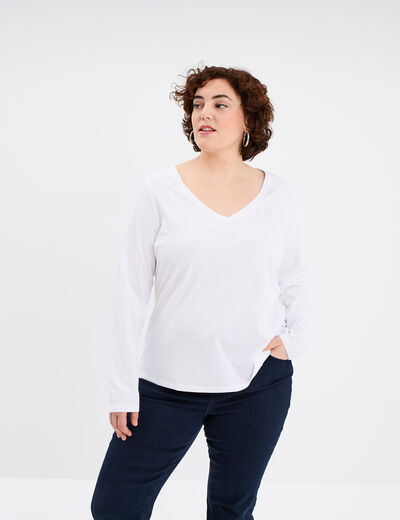 T-shirt col en V manches longues coton blanc femme grande taille