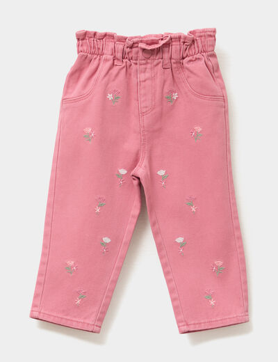 Jeans brodé paperbag taille élastiquée vieux rose bébé fille
