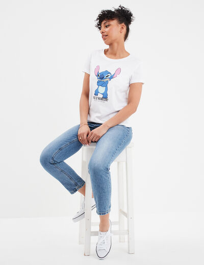 T-shirt manches courtes coton Stitch blanc femme