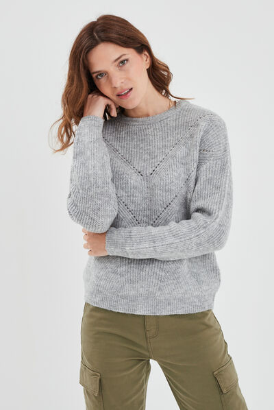 Pull avec détails ajourés gris clair femme