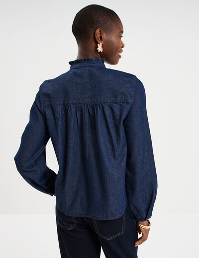 Blouse en jean col montant &agrave; volants denim brut femme