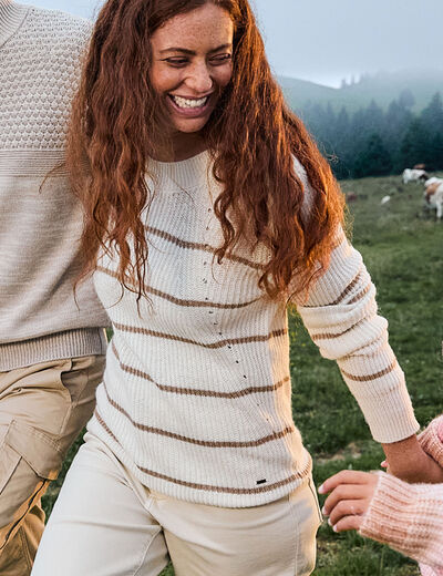 Pull col rond manches longues Creeks beige femme