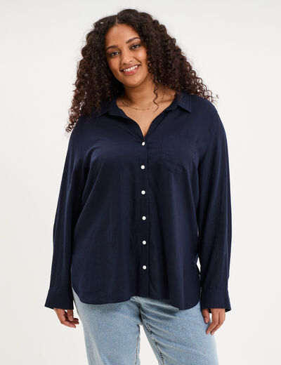 Chemise oversize lin m&eacute;lang&eacute; bleu fonc&eacute; femme grande taille