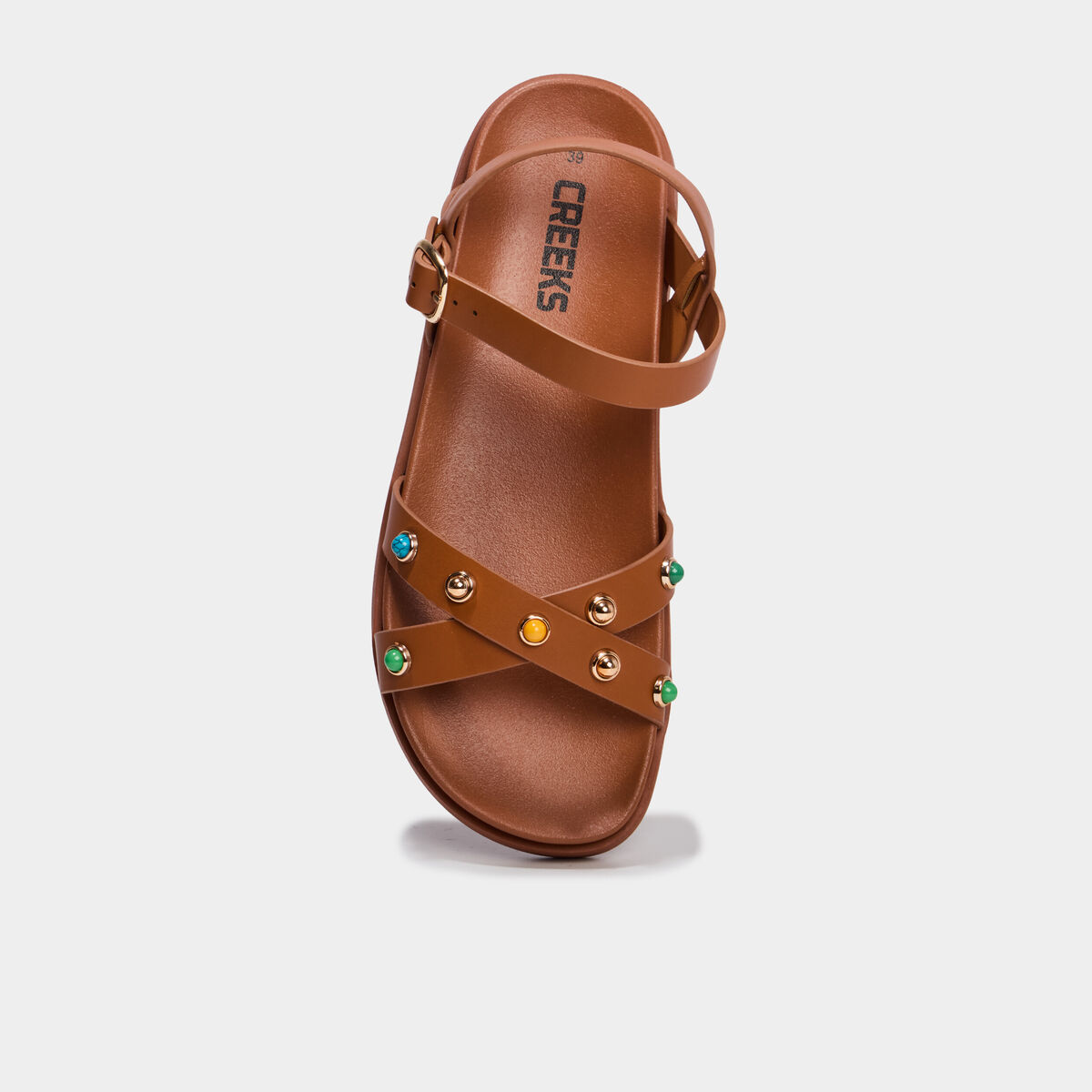 Sandales avec d&eacute;tails clout&eacute;s et perles marron femme
