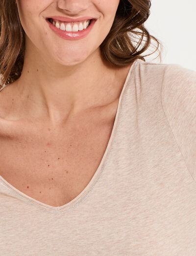 T-shirt manches longues col en V coton beige femme