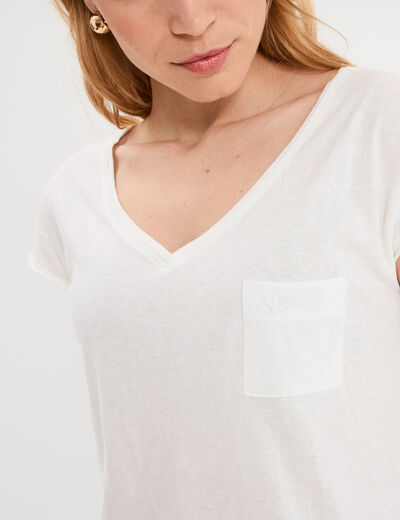 T-shirt col v poche poitrine blanc femme