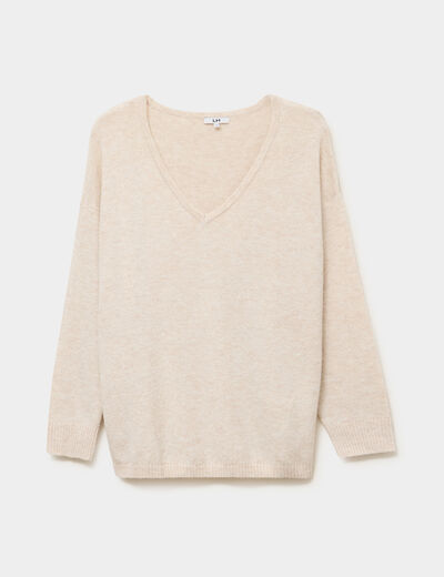 Pull col en V manches longues beige femme grande taille