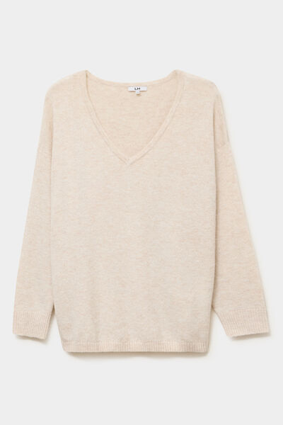 Pull col en V manches longues beige femme grande taille