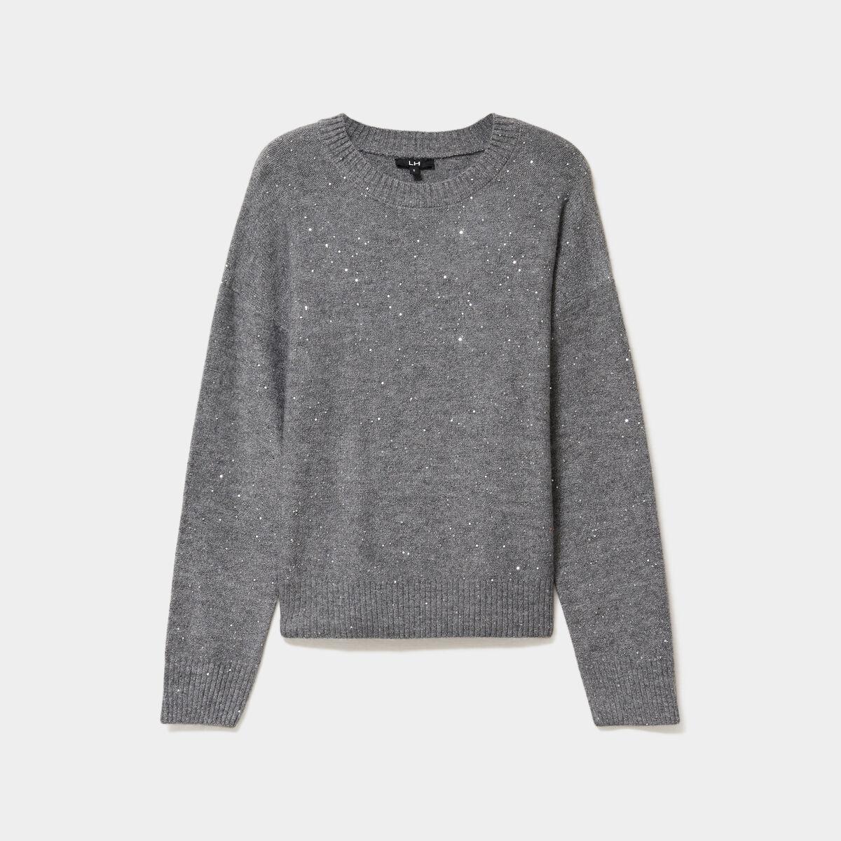 Pull col rond paillettes fils m&eacute;tallis&eacute;s gris femme