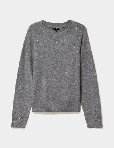 Pull col rond paillettes fils m&eacute;tallis&eacute;s gris femme