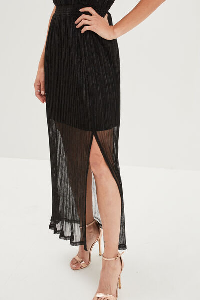 Robe longue fils métallisés à bretelles noir femme