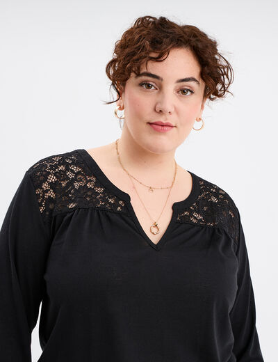 T-shirt col tunisien avec dentelle noir femme grande taille