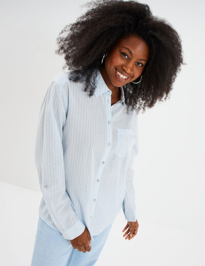Chemise manches ajustables 1 poche coton bleu femme
