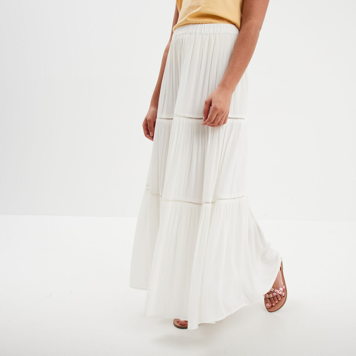 Jupe longue fluide taille &eacute;lastiqu&eacute;e blanc femme