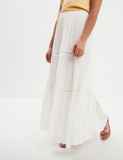 Jupe longue fluide taille élastiquée blanc femme
